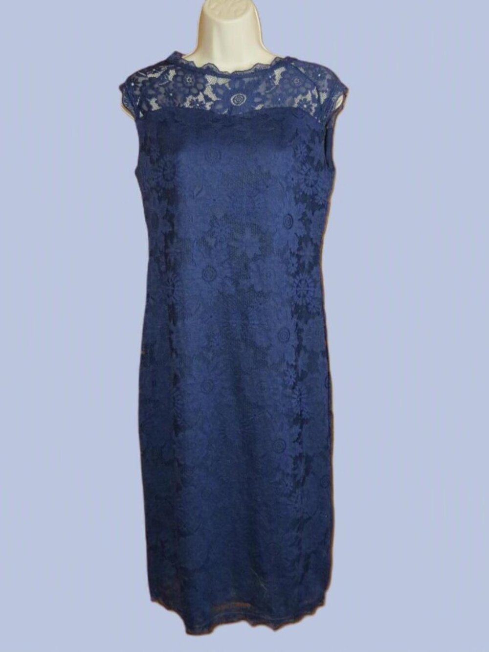 Stanzin Navy Lace Dress Straight Sheath Lace Stretch Size Medium